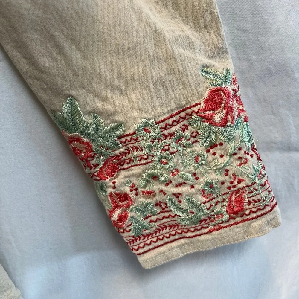 Denim & Co. Beige Jacket Women‎ Small Floral Embroidered Cuffs Cozy Cotton Blend